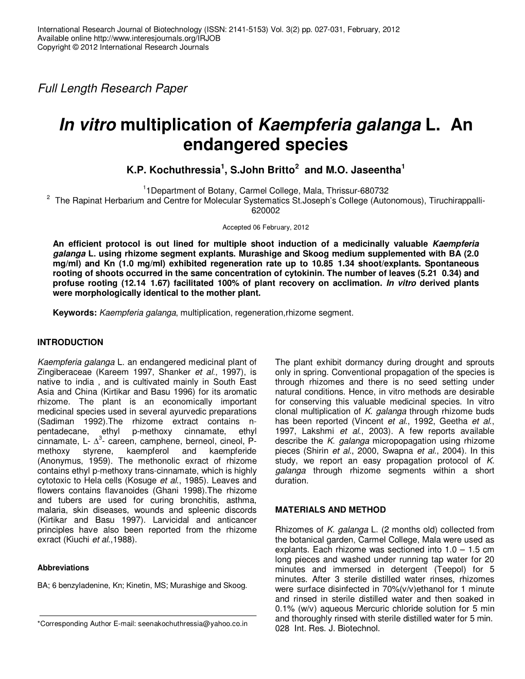 In Vitro Multiplication of Kaempferia Galanga L. an Endangered Species