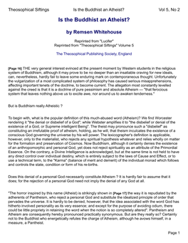 Is the Buddhist an Atheist? Vol 5, No 2 Is the Buddhist an Atheist?