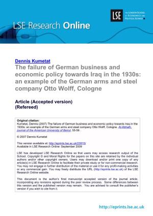 The Failure of German Business and Economic Policy Towards Iraq in the 1930S: an Example of the German Arms and Steel Company Otto Wolff, Cologne