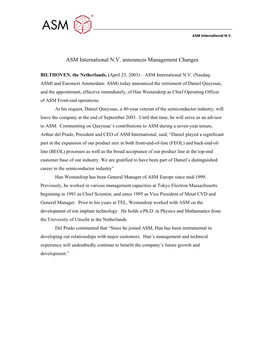 ASM International N.V. Announces Management Changes