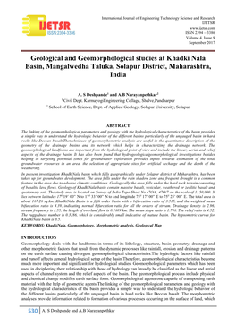 Geological and Geomorphological Studies at Khadki Nala Basin, Mangalwedha Taluka, Solapur District, Maharashtra, India