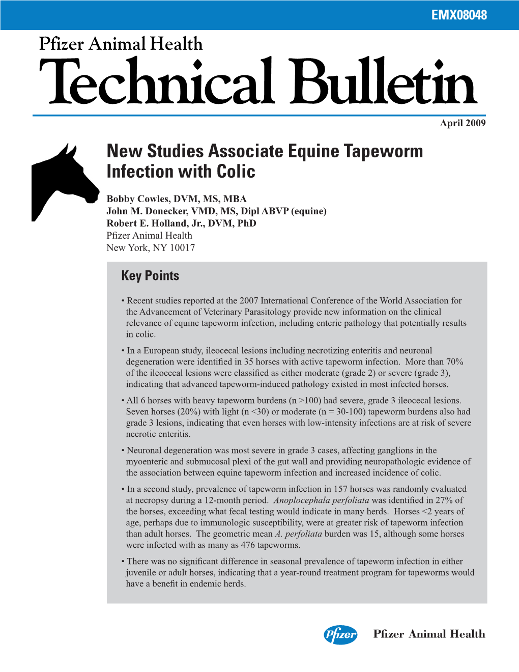 Technical Bulletin Pfizer Animal Health New Studies Associate Equine Tapeworm Infection with Colic
