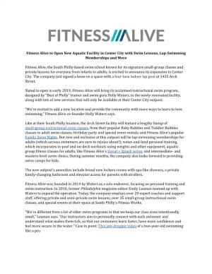 Fitness Alive to Open New Aquatic Facility in Center City with Swim Lessons, Lap-Swimming Memberships and More