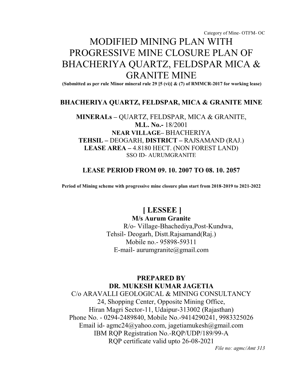 Modified Mining Plan with Progressive Mine Closure