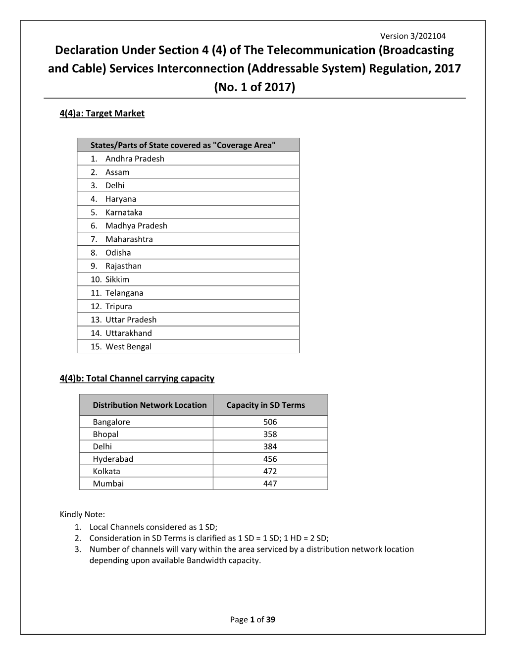 Declaration Under Section 4 (4) of the Telecommunication (Broadcasting and Cable) Services Interconnection (Addressable System) Regulation, 2017 (No