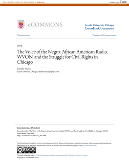 African American Radio, WVON, and the Struggle for Civil Rights in Chicago Jennifer Searcy Loyola University Chicago, Jennifer.Searcy@Gmail.Com