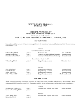 North Jersey Regional Science Fair Official Awards List Overall