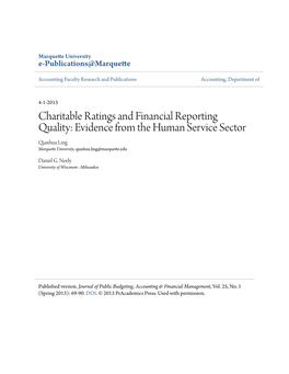 Charitable Ratings and Financial Reporting Quality: Evidence from the Human Service Sector Qianhua Ling Marquette University, Qianhua.Ling@Marquette.Edu