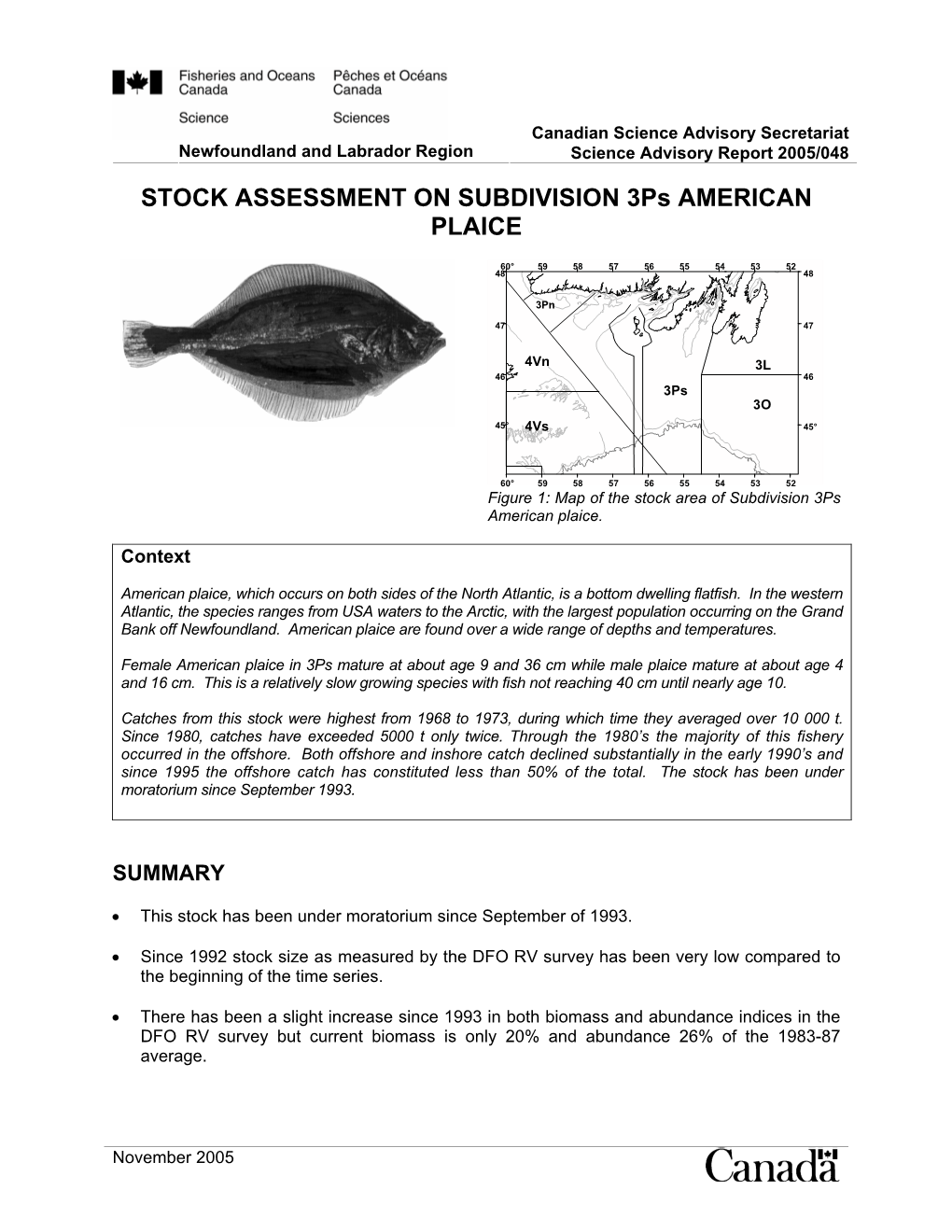 STOCK ASSESSMENT on SUBDIVISION 3Ps AMERICAN PLAICE