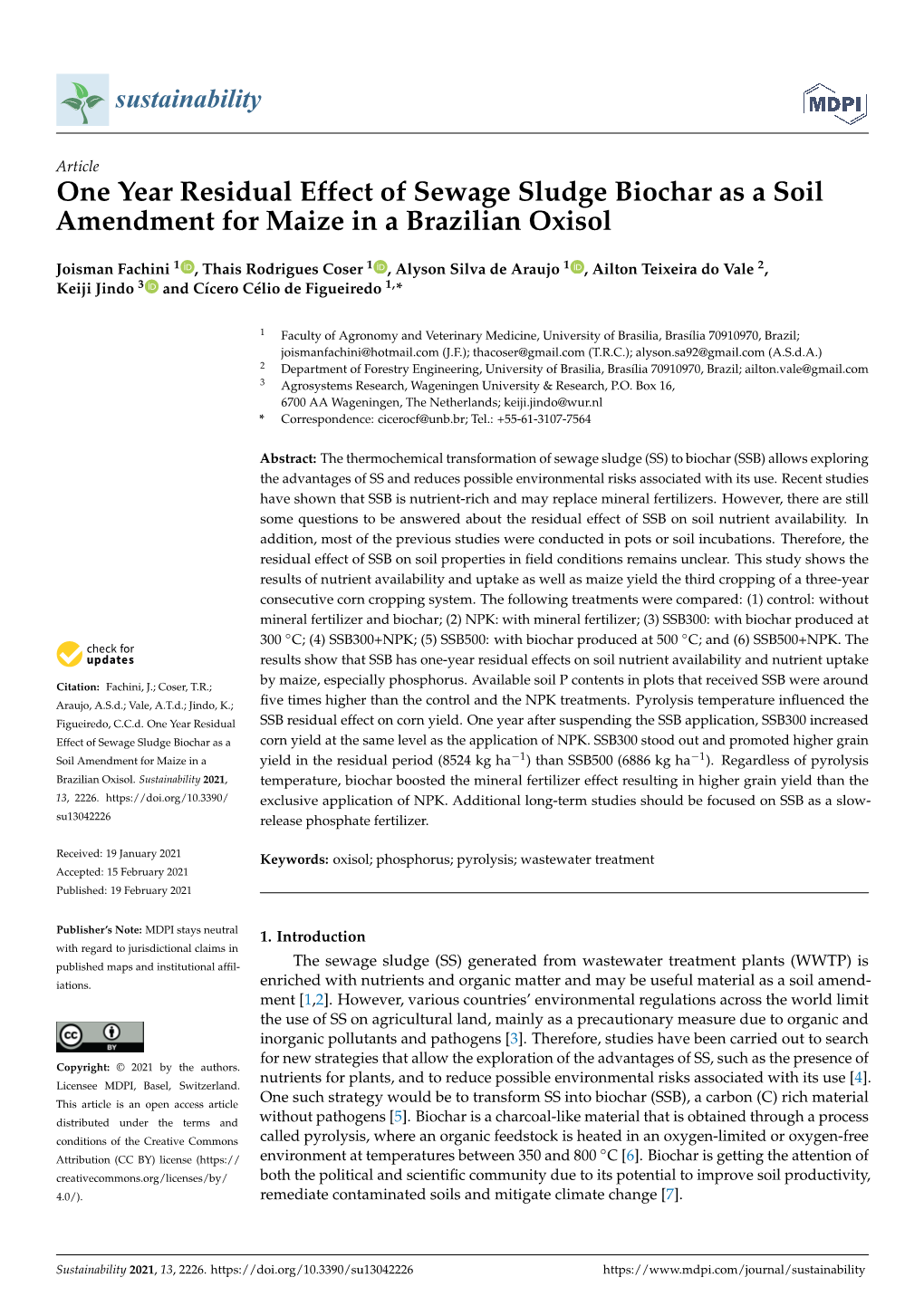 One Year Residual Effect of Sewage Sludge Biochar As a Soil Amendment for Maize in a Brazilian Oxisol