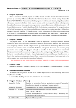 Program Sheet (3) University of Indonesia Winter Program: UI - CREATES September, 2019