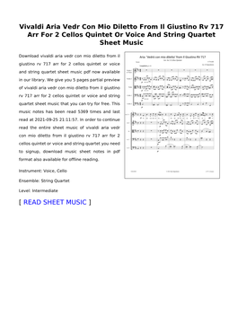 Vivaldi Aria Vedr Con Mio Diletto from Il Giustino Rv 717 Arr for 2 Cellos Quintet Or Voice and String Quartet Sheet Music