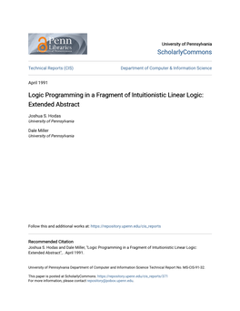 Logic Programming in a Fragment of Intuitionistic Linear Logic: Extended Abstract