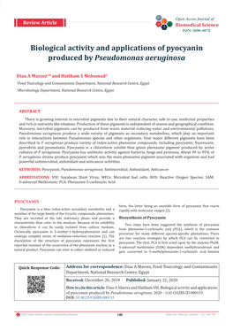 Biological Activity and Applications of Pyocyanin Produced by Pseudomonas Aeruginosa