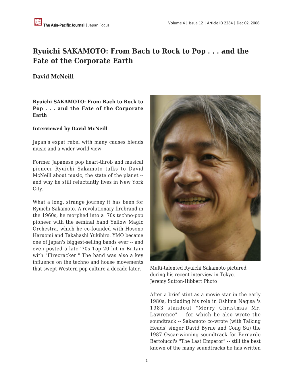 Ryuichi SAKAMOTO: from Bach to Rock to Pop