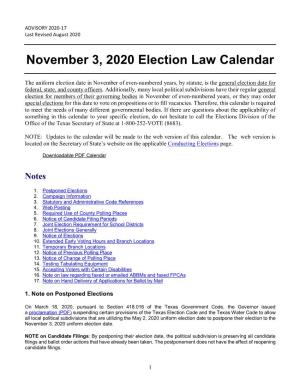 November 3, 2020 Election Law Calendar