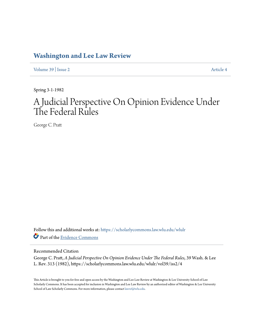 A Judicial Perspective on Opinion Evidence Under the Federal Rules, 39 Wash