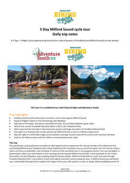 5 Day Milford Sound Cycle Tour Daily Trip Notes