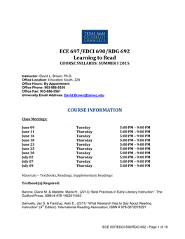 ECE 697/EDCI 690/RDG 692 Learning to Read COURSE SYLLABUS: SUMMER I 2015