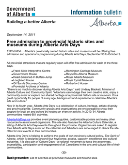 Free Admission to Provincial Historic Sites and Museums During Alberta Arts Days