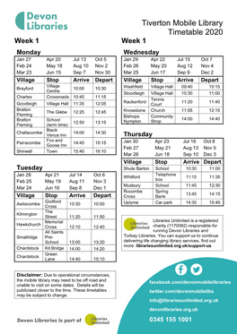 Tiverton Mobile Library Timetable 2020