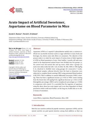 Acute Impact of Artificial Sweetener, Aspartame on Blood Parameter in Mice