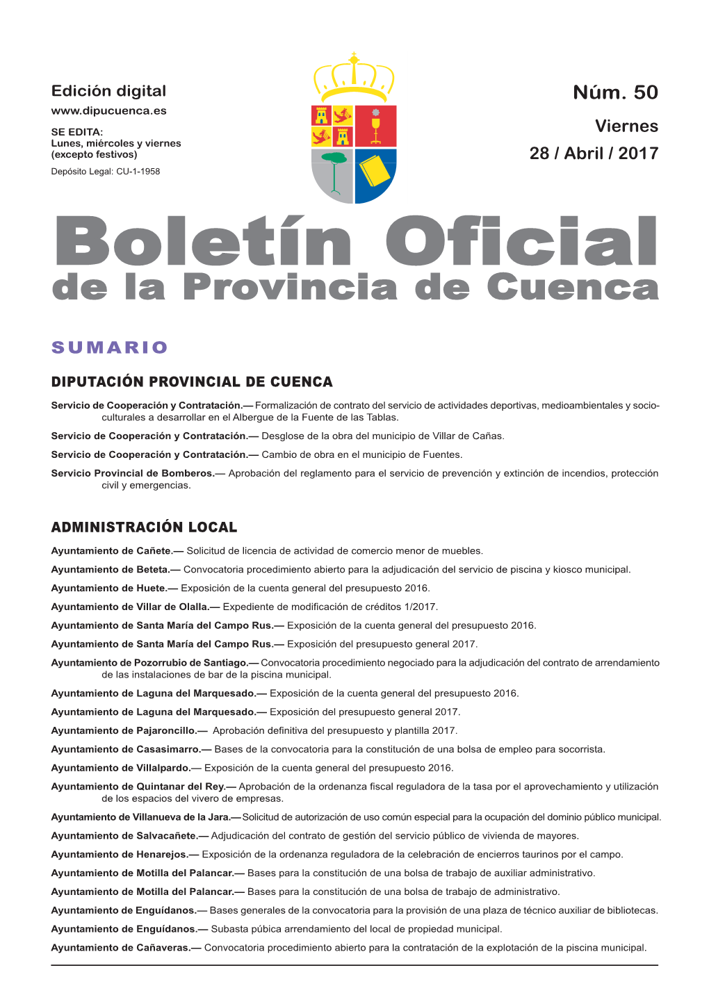 Boletín Oficial De La Provincia De Cuenca Sumario Diputación Provincial De Cuenca