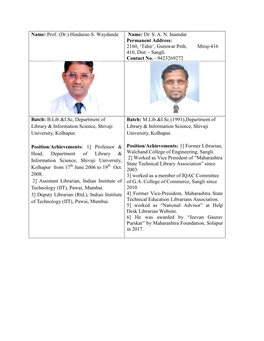 Hindurao S. Waydande Name: Dr. SAN Inamdar Permanent Address