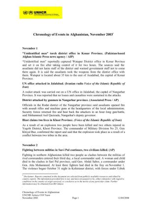 Chronology of Events in Afghanistan, November 2003*