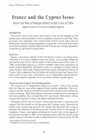 France and the Cyprus Issue* from the War of Independence to the Crisis of 1964 English Summary**Of Lafrance Et La Question Cbypn'ote