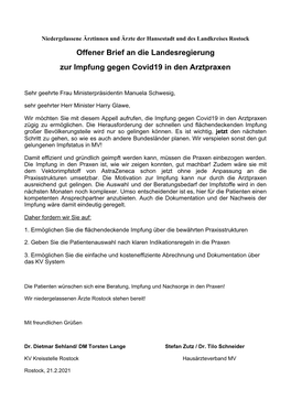 Offener Brief an Die Landesregierung Zur Impfung Gegen Covid19 in Den Arztpraxen