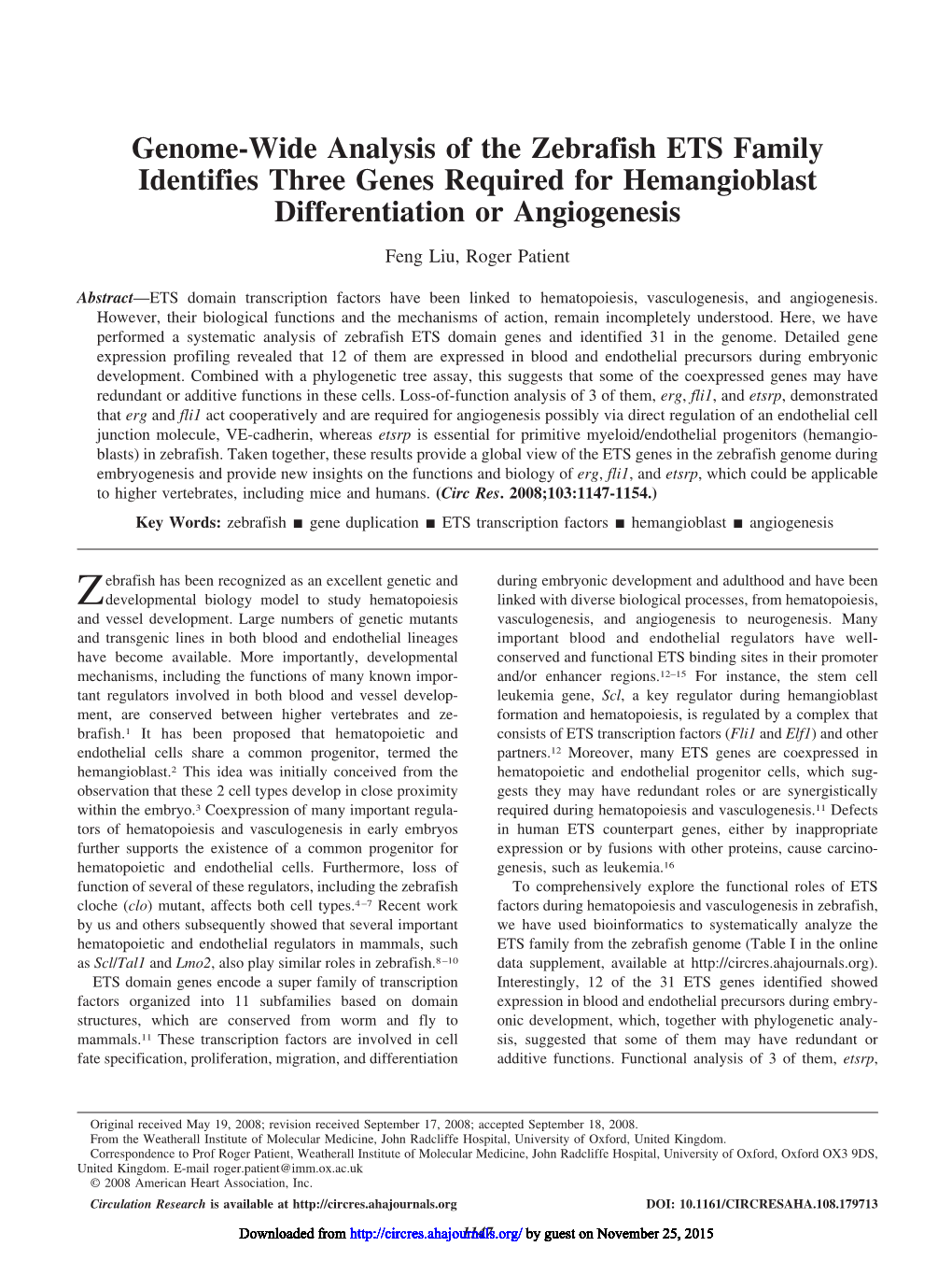 Genome-Wide Analysis of the Zebrafish ETS Family Identifies Three Genes Required for Hemangioblast Differentiation Or Angiogenesis