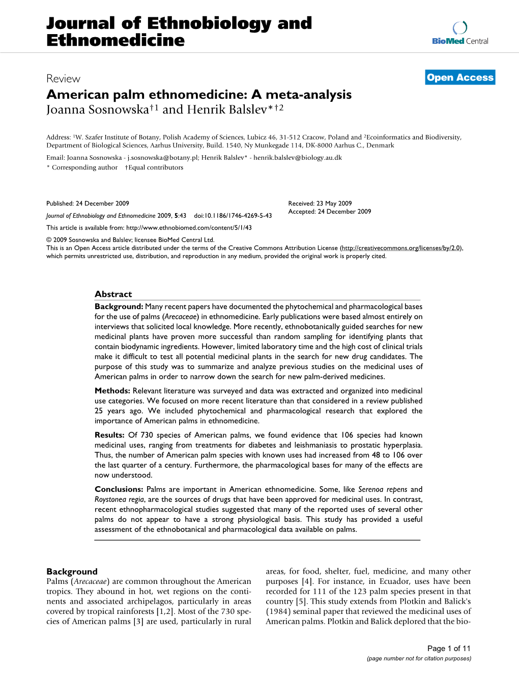 American Palm Ethnomedicine: a Meta-Analysis Joanna Sosnowska†1 and Henrik Balslev*†2