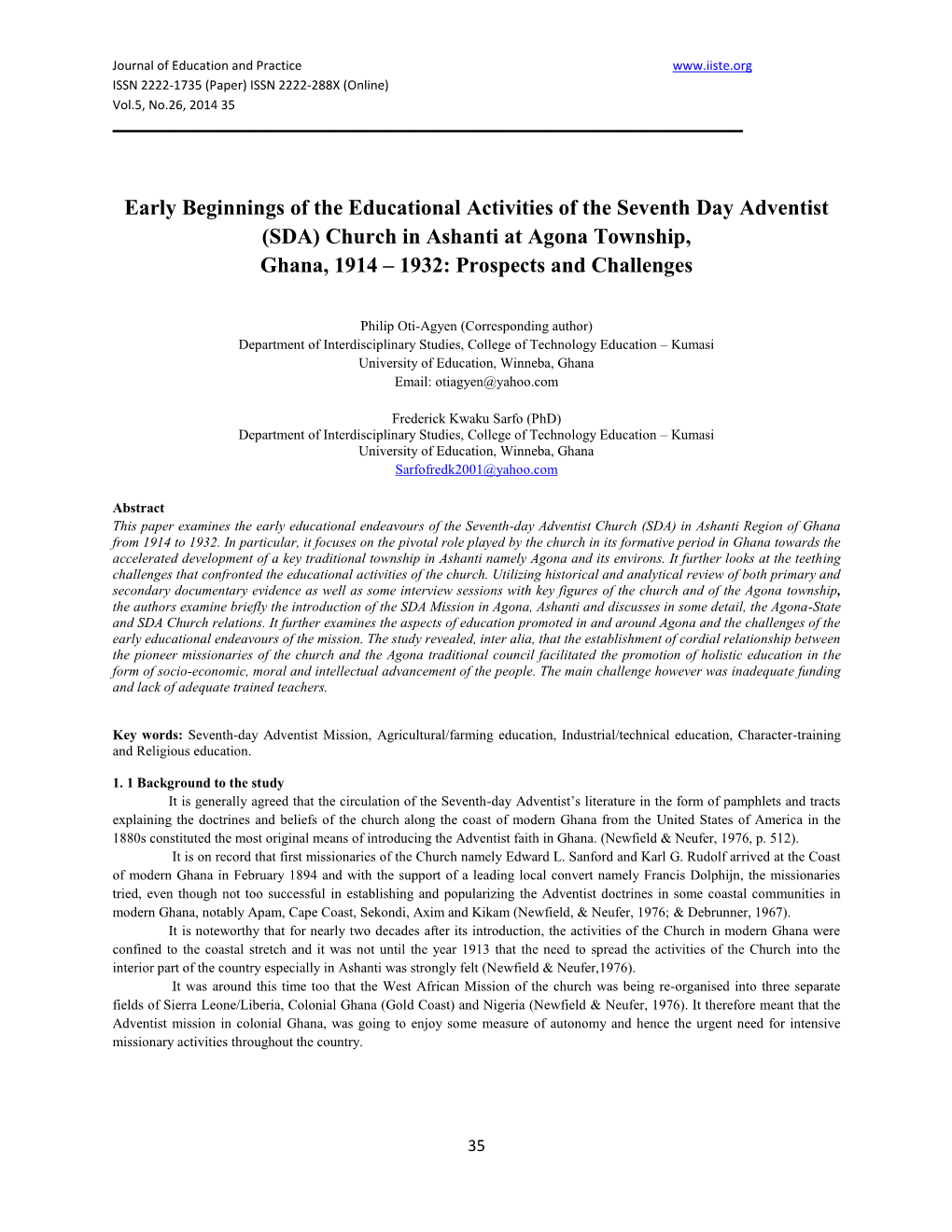 (SDA) Church in Ashanti at Agona Township, Ghana, 1914 – 1932: Prospects and Challenges