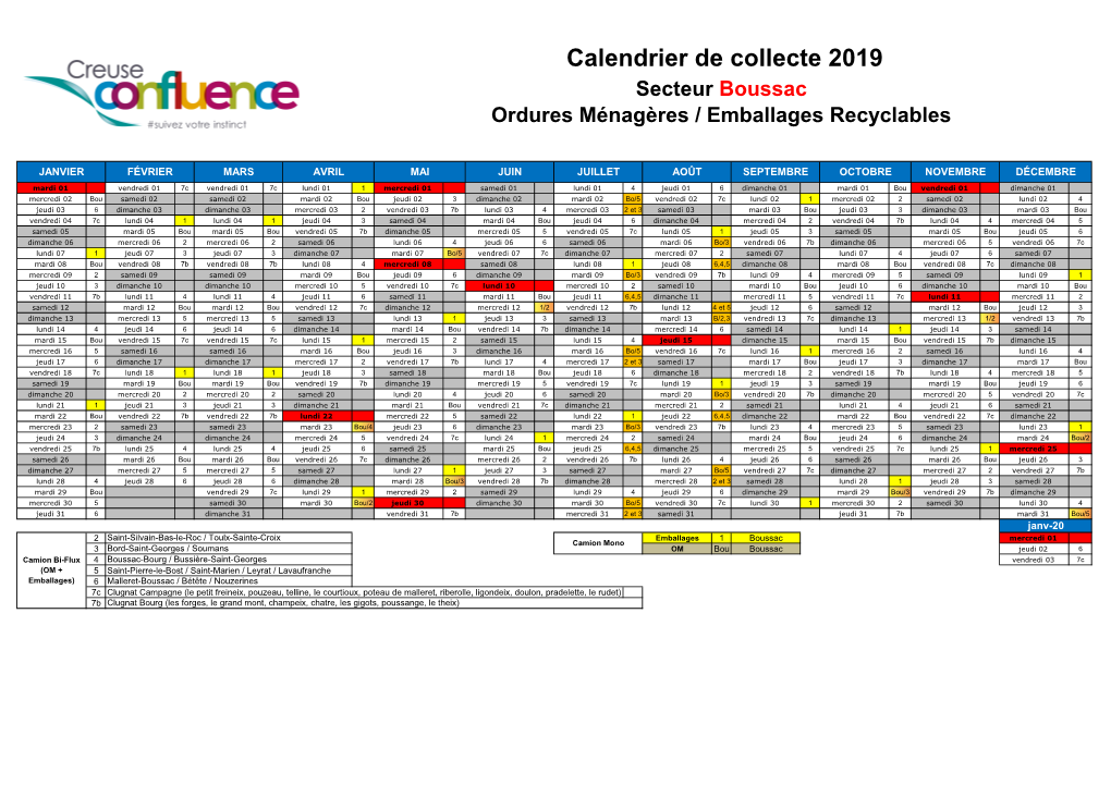 Calendrier De Collecte 2019 Secteur Boussac Ordures Ménagères / Emballages Recyclables