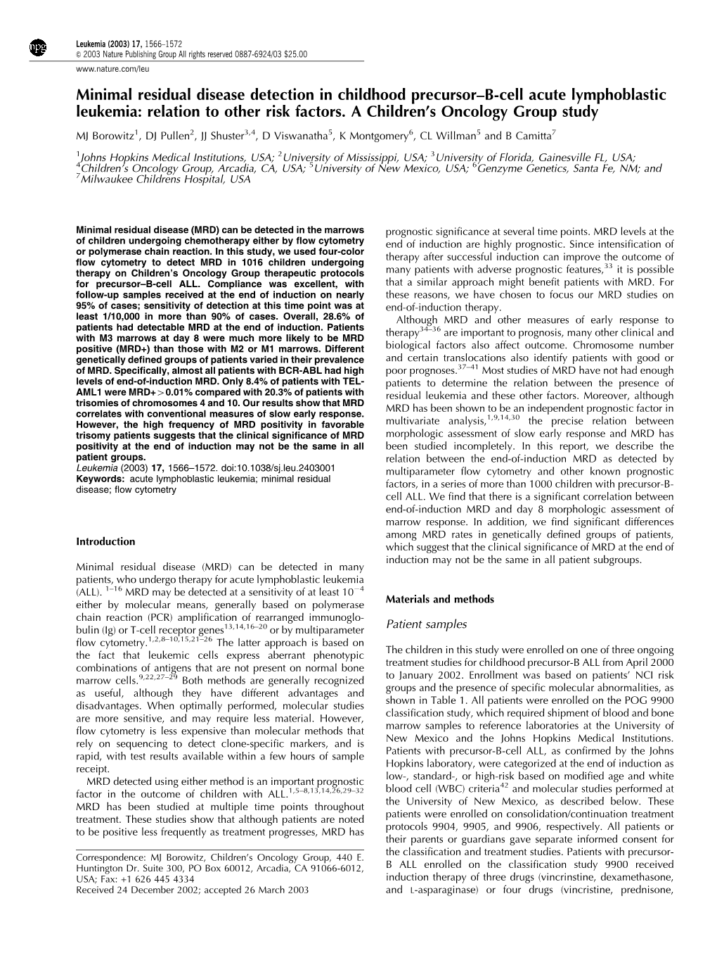 Minimal Residual Disease Detection In Childhood Precursor–B-Cell Acute ...