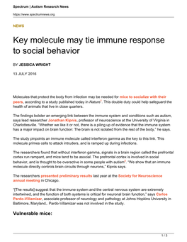 Key Molecule May Tie Immune Response to Social Behavior
