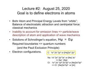 Lecture #2: August 25, 2020 Goal Is to Define Electrons in Atoms