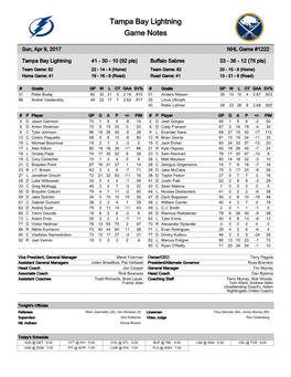 Tampa Bay Lightning Game Notes