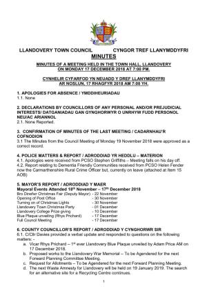 Llandovery Town Council Cyngor Tref Llanymddyfri Minutes