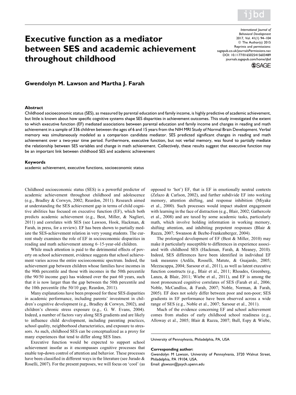 Executive Function As a Mediator Between SES and Academic Achievement Throughout Childhood