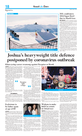 Joshua's Heavyweight Title Defence Postponed by Coronavirus Outbreak