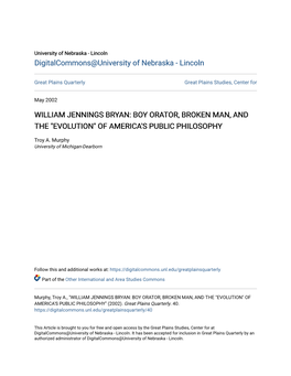 William Jennings Bryan: Boy Orator, Broken Man, and the "Evolution" of America's Public Philosophy