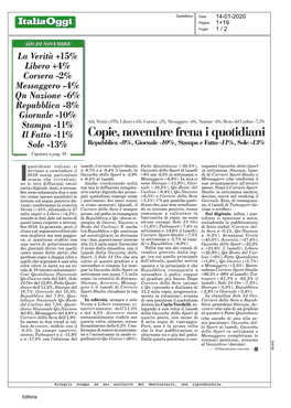 Copie, Novembre Frena I Quotidiani Sole -13% Repubblica -8%, Giornale 10%,Stampa E Fatto 11%,Sole -13% Capisarzt a Pag