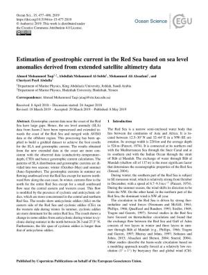 Estimation of Geostrophic Current in the Red Sea Based on Sea Level Anomalies Derived from Extended Satellite Altimetry Data