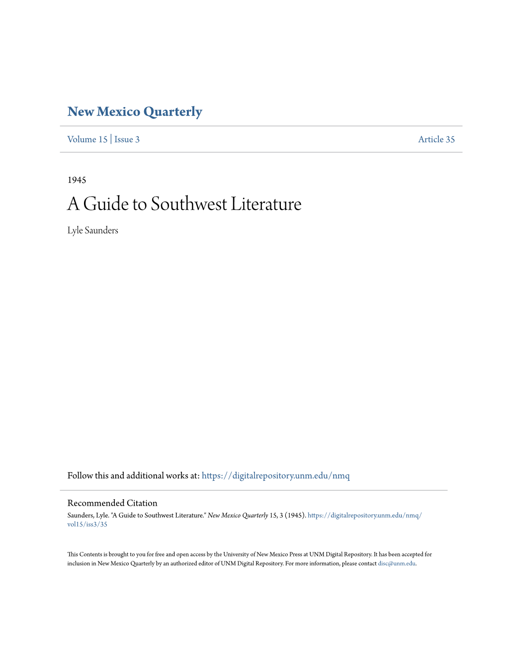 A Guide to Southwest Literature Lyle Saunders