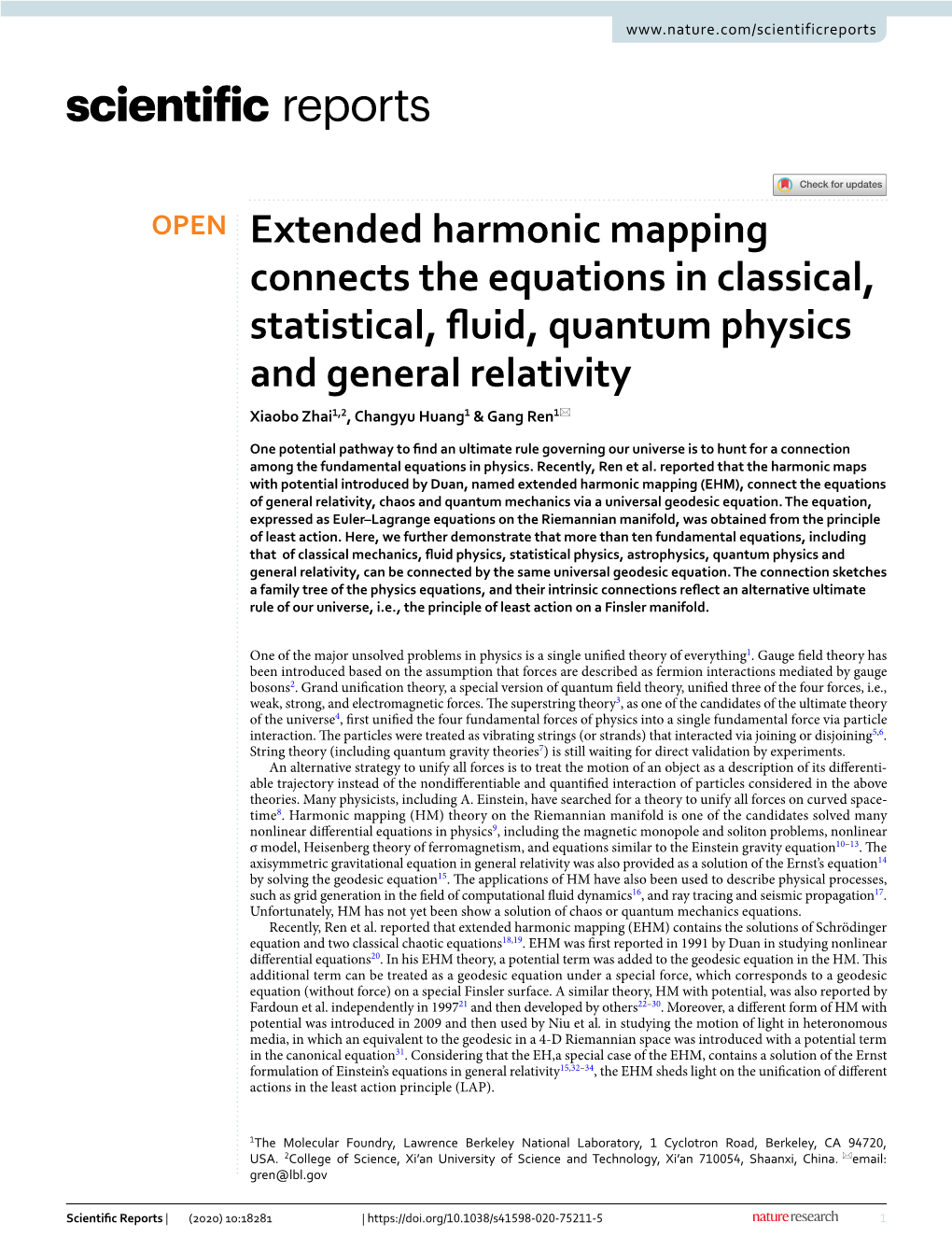 Extended Harmonic Mapping Connects the Equations in Classical, Statistical, Fuid, Quantum Physics and General Relativity Xiaobo Zhai1,2, Changyu Huang1 & Gang Ren1*