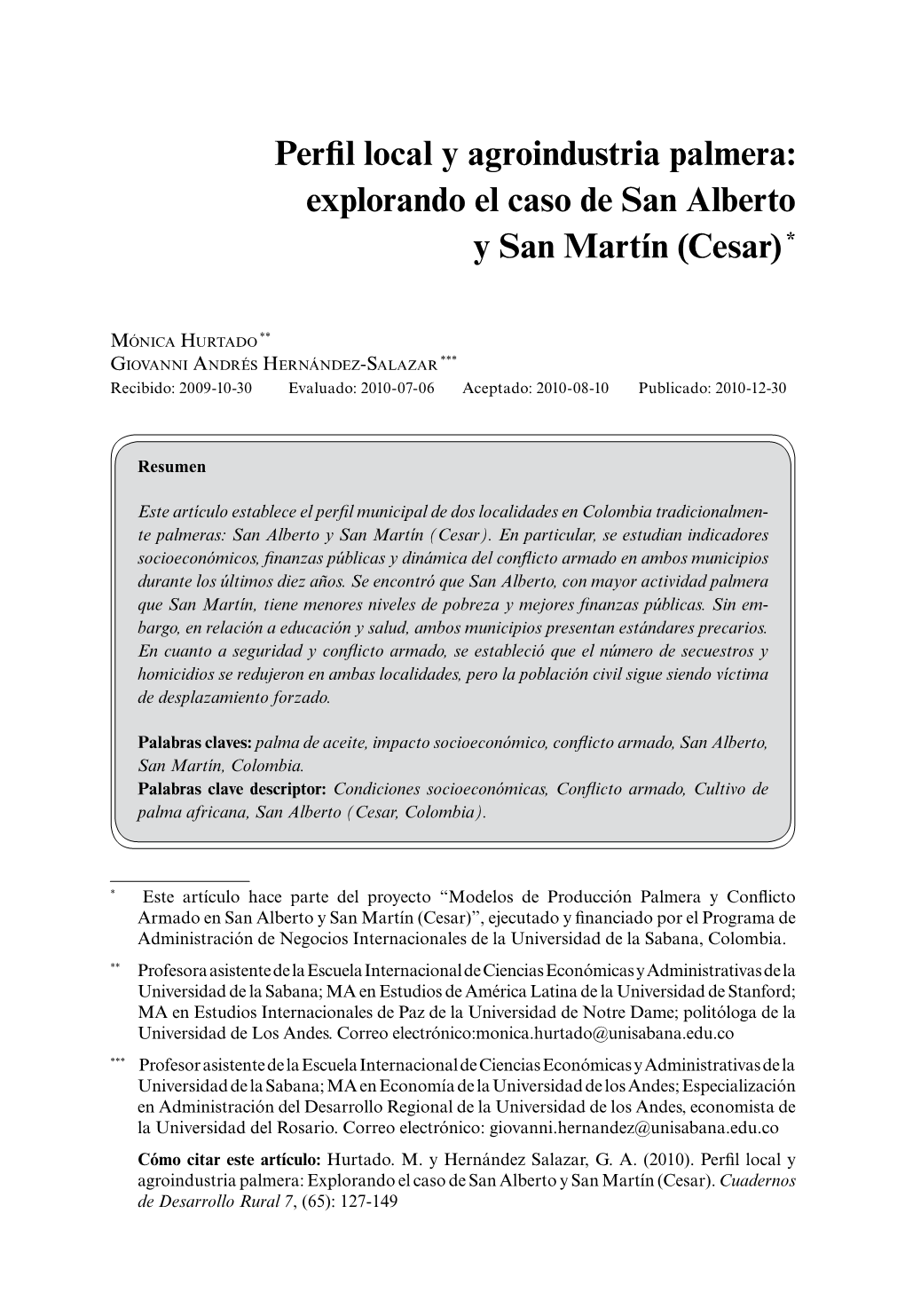 Perfil Local Y Agroindustria Palmera: Explorando El Caso De San Alberto Y San Martín (Cesar) *