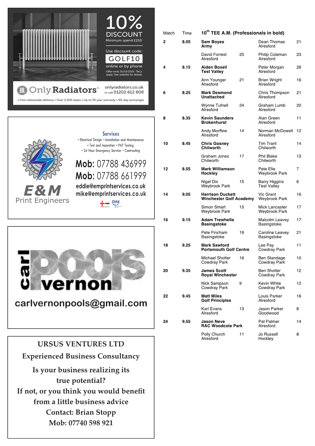 2019 PROGRAMME Alresford PRO-AM Start Times