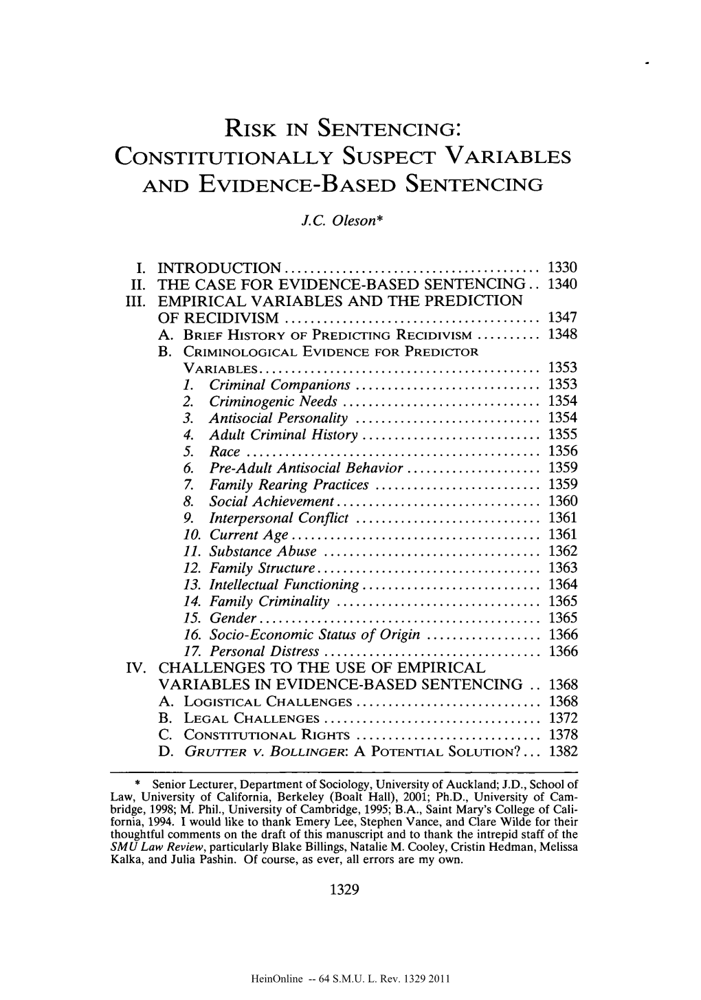 Risk in Sentencing: Constitutionally Suspect Variables and Evidence-Based Sentencing